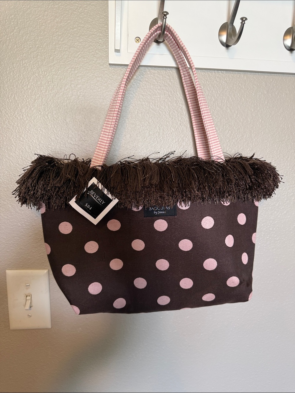 Pink Polka Dot Brown Tote with Fringe